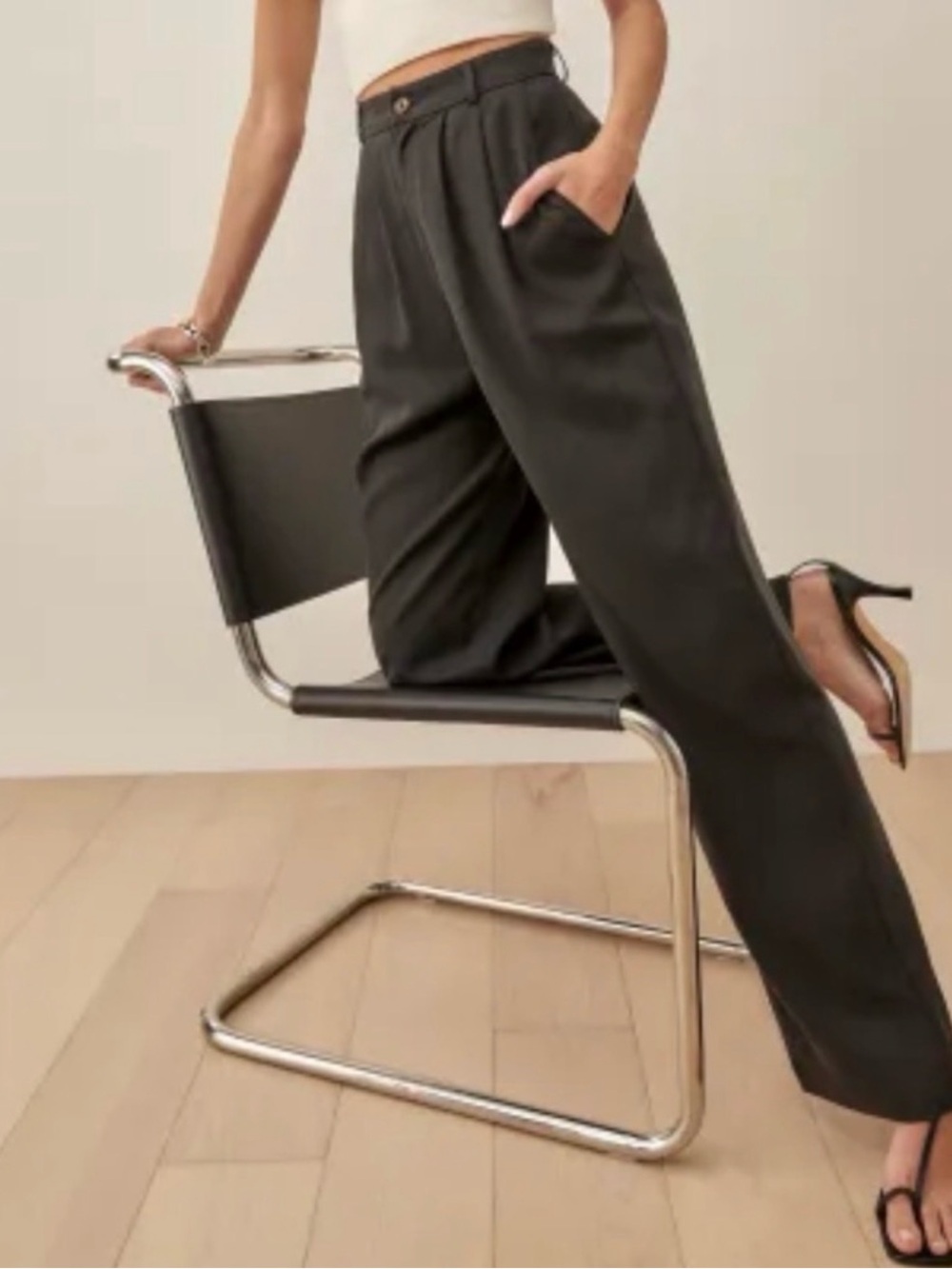 Reformation Mason Pants Black Wide Leg High Rise Tailored Trouser Size 6
